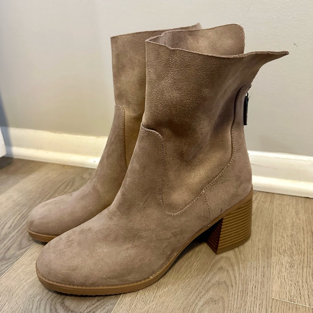 Sun + Stone Taupe Suede Ankle Booties